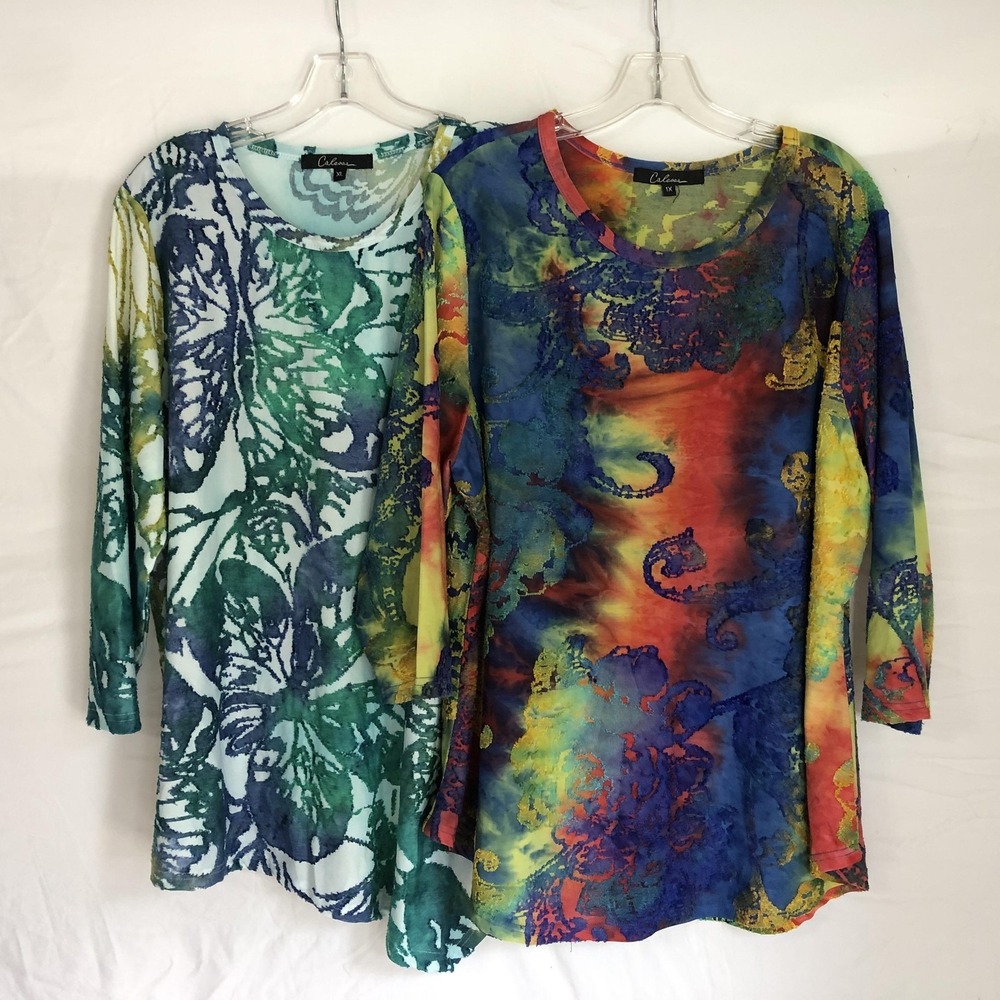 Lot of 2 Calessa Burnout Tunic Tops 3/4 Sleeve Multi Color Teal Floral XL 1X